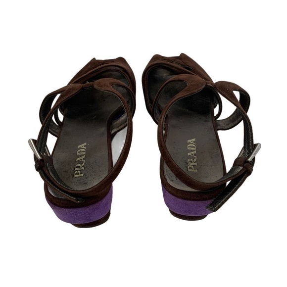 Prada Calzature Donna Ankle Strap Suede Leather Peep Toe Wedge Heel, Brown sz 38 - Picture 6 of 9